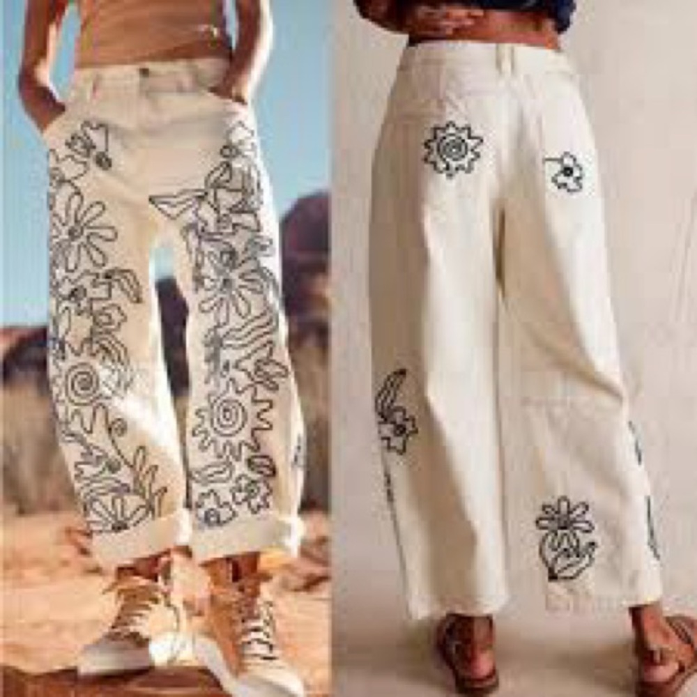 Free People White Wide Leg Jeans with Black Floral Doodle Print - Picture 6 of 9